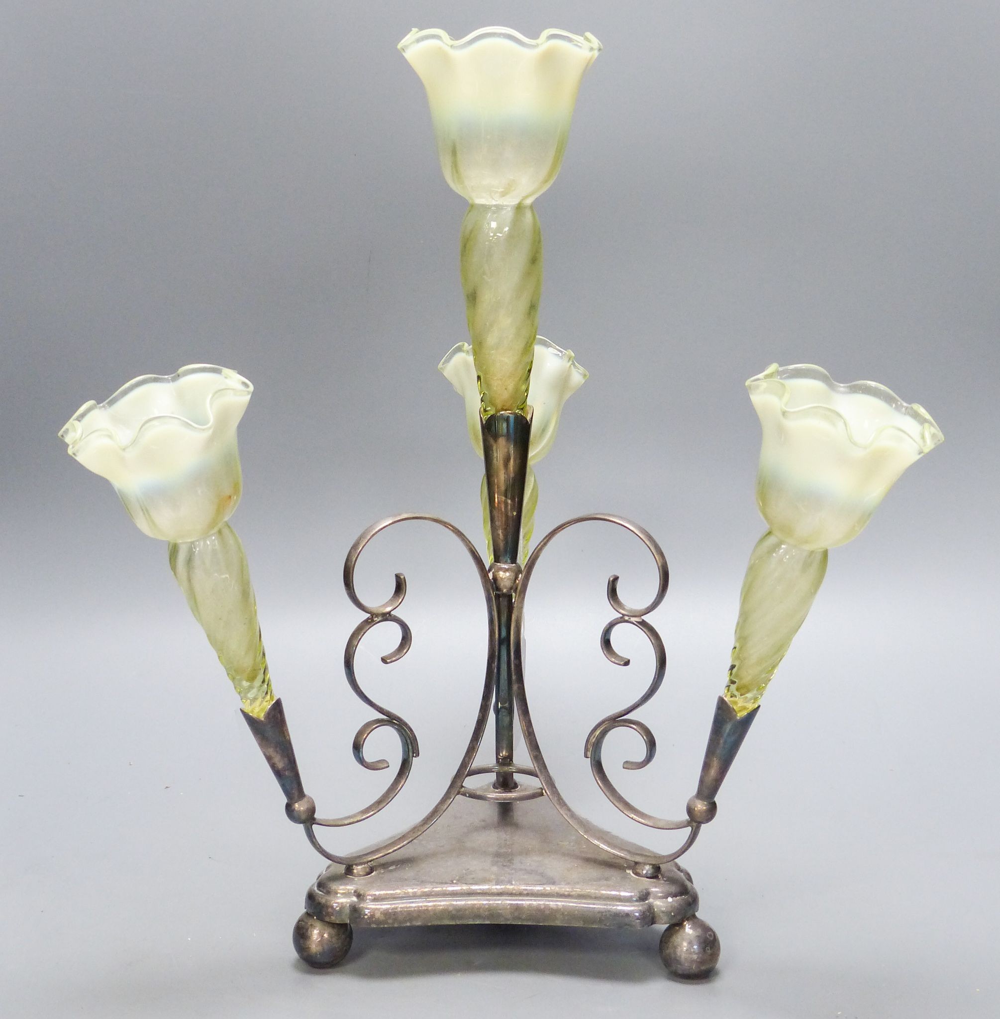 A late Victorian electroplate and vaseline glass epergne 39cm